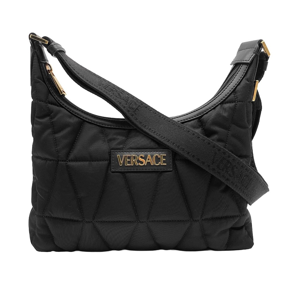 VERSACE Tag Hobo Shoulder Bag, Logo, Quilted Nylon, Black, Women's